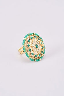 Gold Plated Kundan & Green Stone Ring
