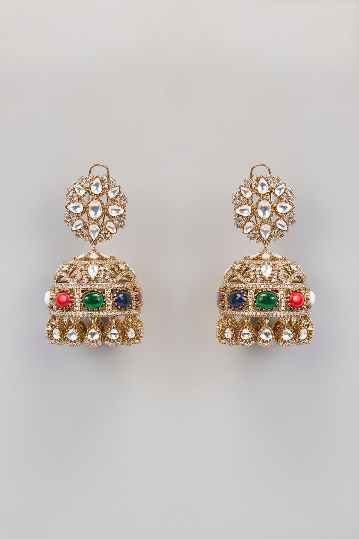 Gold Finish Kundan Polki & Navratna Stone Chandbali Earrings