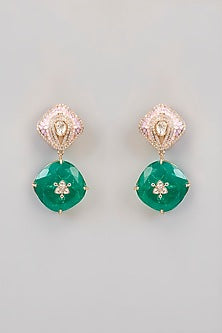 Gold Finish Kundan Polki & Green Stone Dangler Earrings