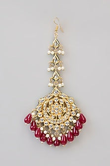 Gold Plated Kundan Polki & Red Onyx Drop Maangtikka
