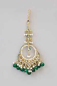 Gold Plated Kundan Polki & Green Onyx Drop Maangtikka