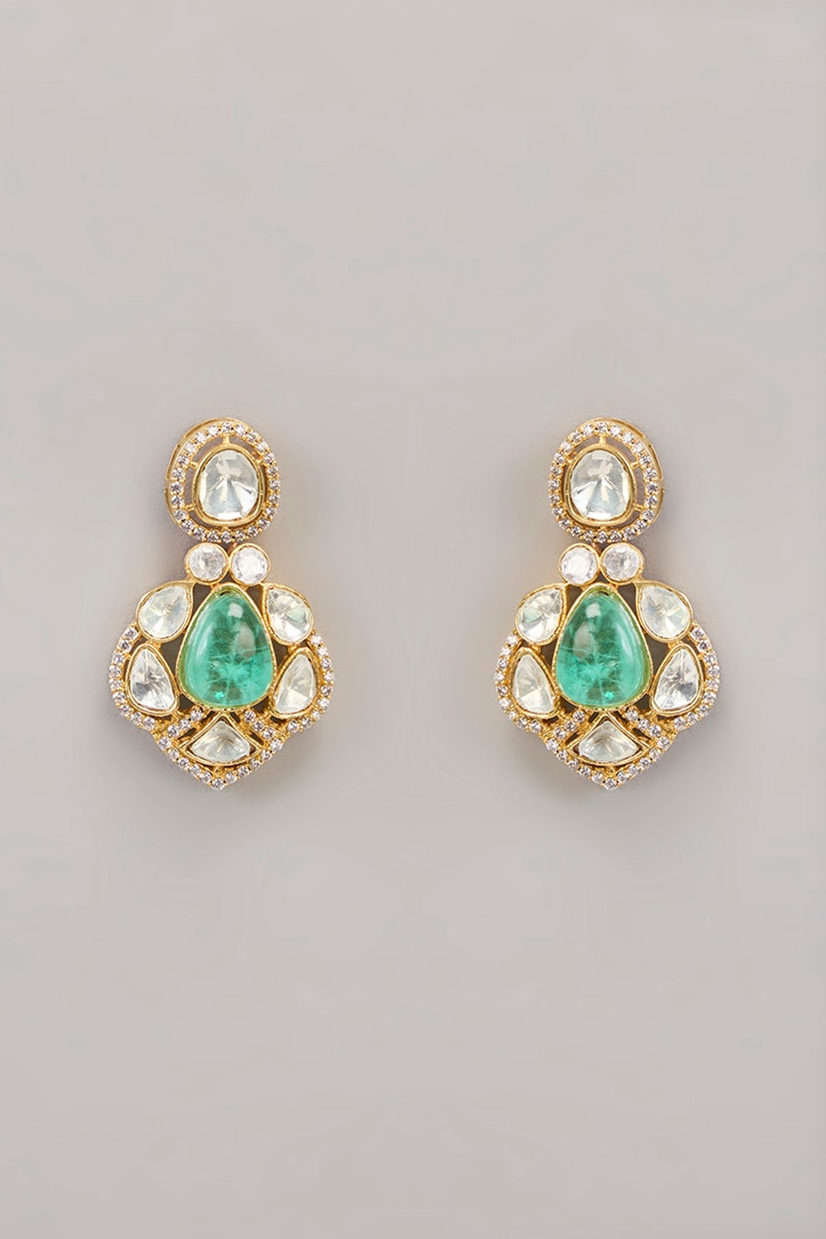 Gold Finish Kundan Polki & Green Beaded Necklace Set