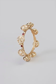 Gold Finish Kundan Polki & White Stone Bangle (Set Of 2)