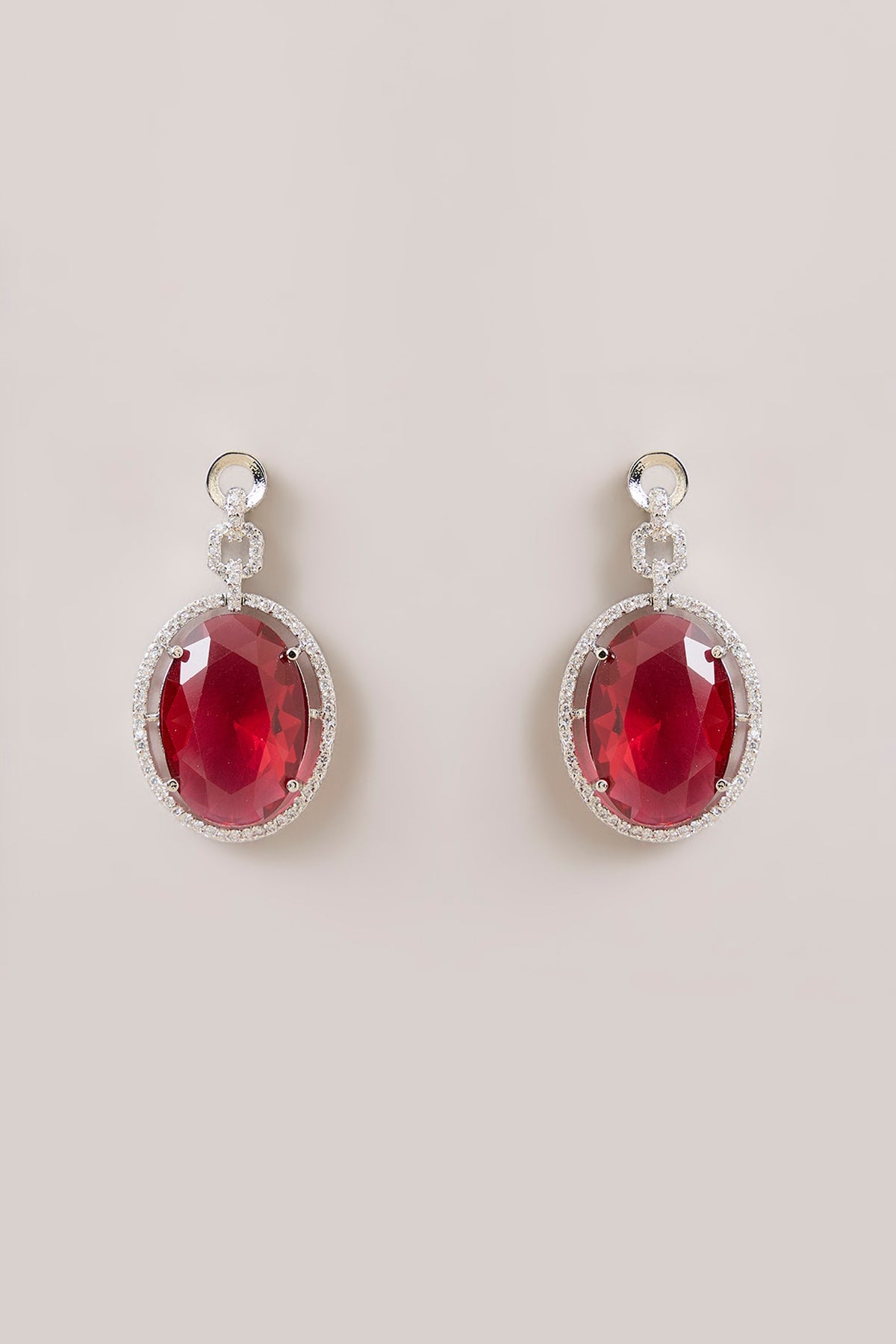 Silver Finish Oval-Shaped Red Gemstone Pendant Necklace Set