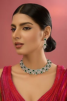White Finish Kundan Polki & Green Stone Necklace Set