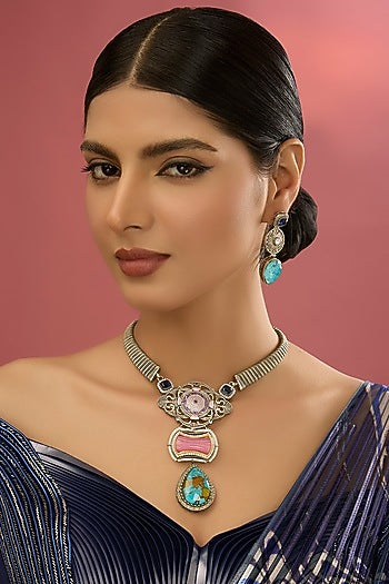 White Rhodium Finish American Diamond & Blue Zircon Necklace Set