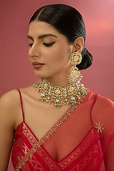 Gold Plated Kundan Polki & Green Stone Necklace Set
