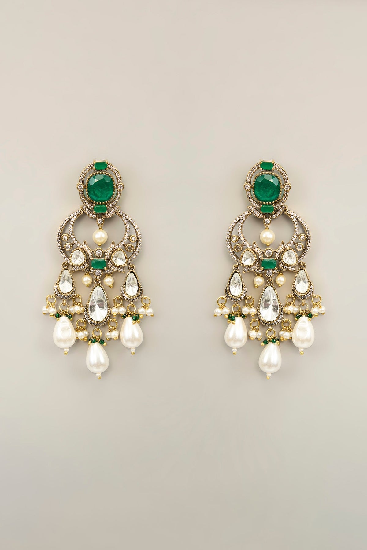Gold Finish Pearl & Green Stone Necklace Set