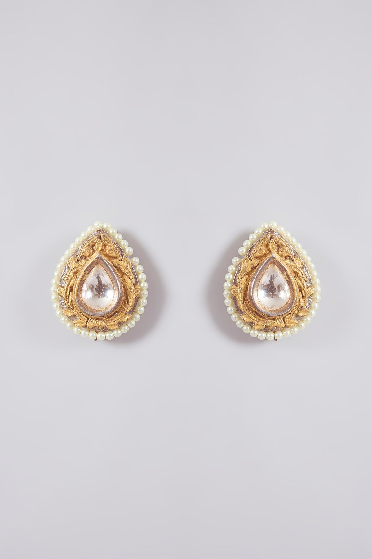 Gold Finish Kundan Polki & Pearl Stud Earrings