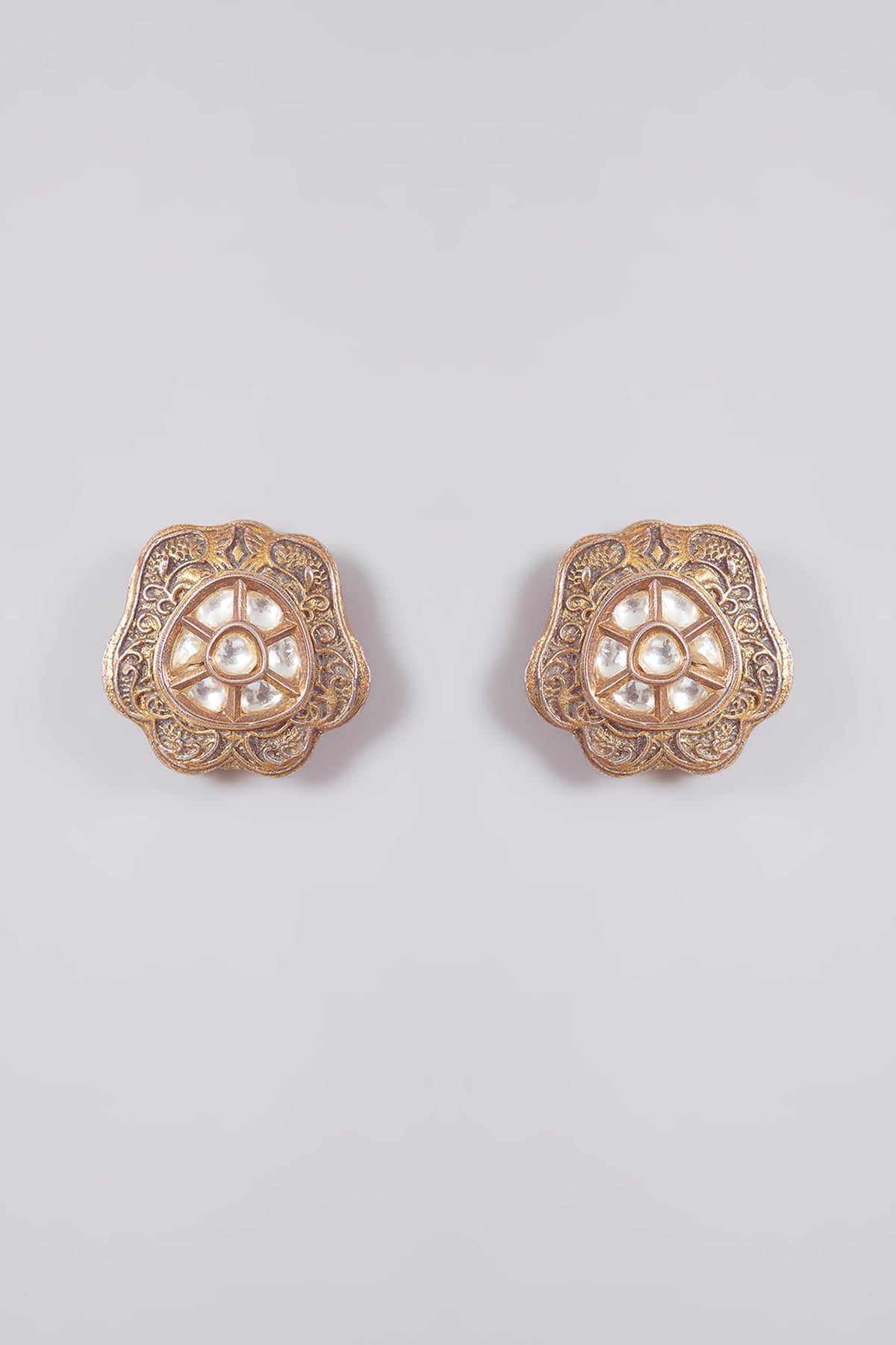 Gold Finish Kundan Polki & Pink Stone Stud Earrings