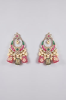 Gold Finish Multi-Colored Kundan Polki & Pearl Chandbali Earrings