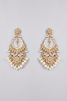 Gold Finish Kundan Polki & Pearl Chandbali Earrings