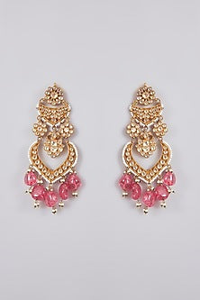 Silver Finish Kundan Polki & Pink Beads Chandbali Earrings