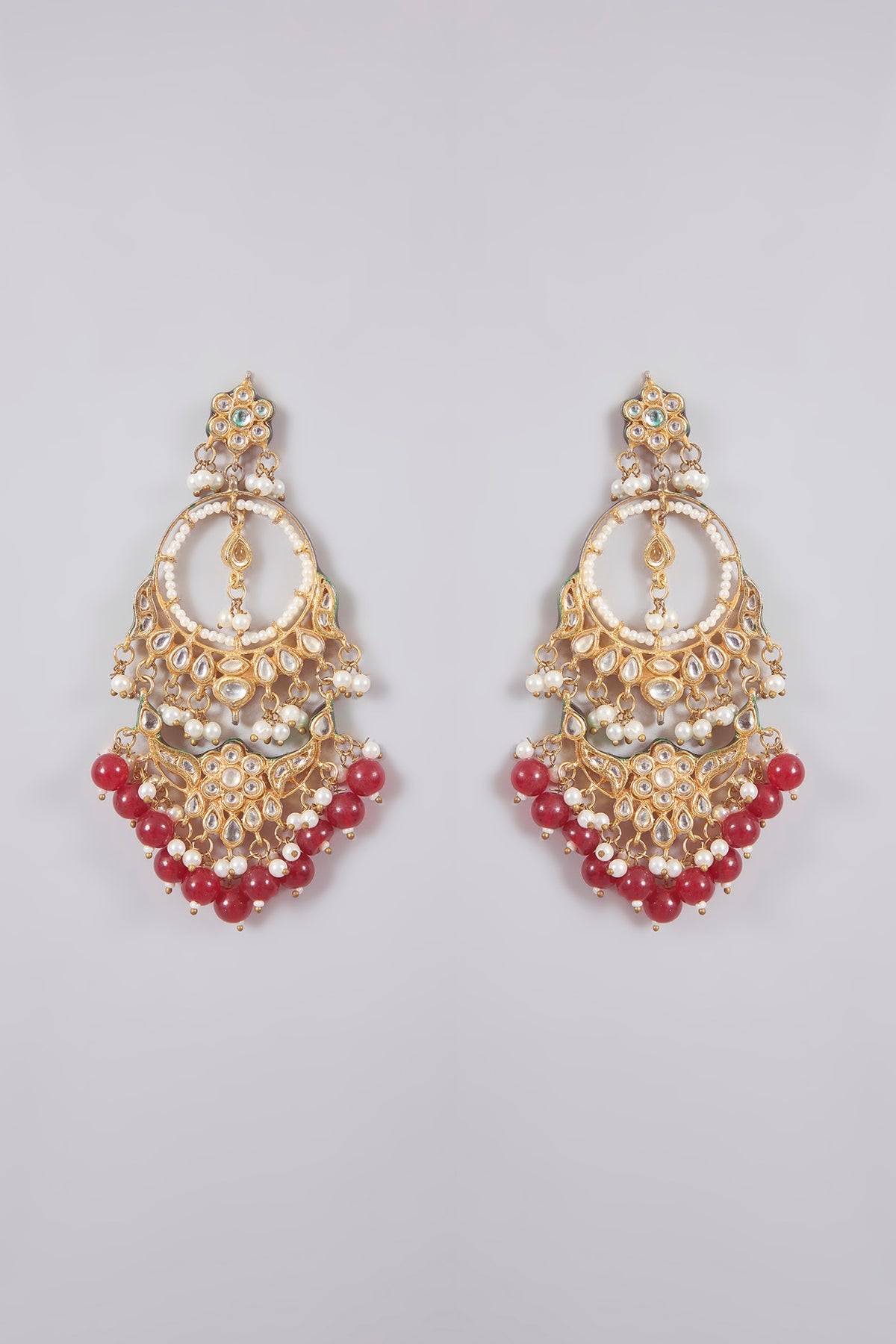 Gold Finish Kundan Polki & Maroon Beaded Chandbali Earrings