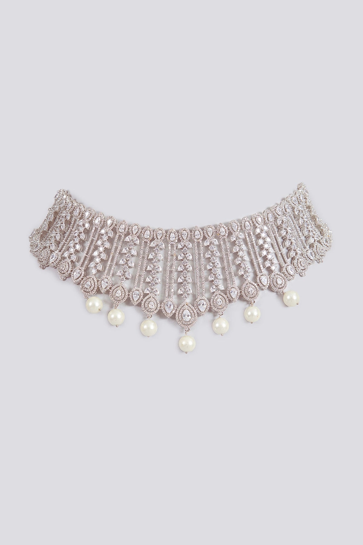 Silver Finish Crystal & Pearl Choker Necklace Set