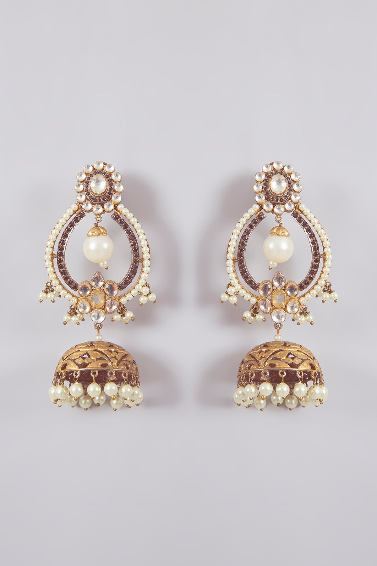 Gold Finish Kundan Polki & Black Stone Jhumka Earrings