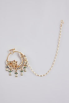 Gold Finish Kundan Polki & Green Pearl Floral Nath With Chain