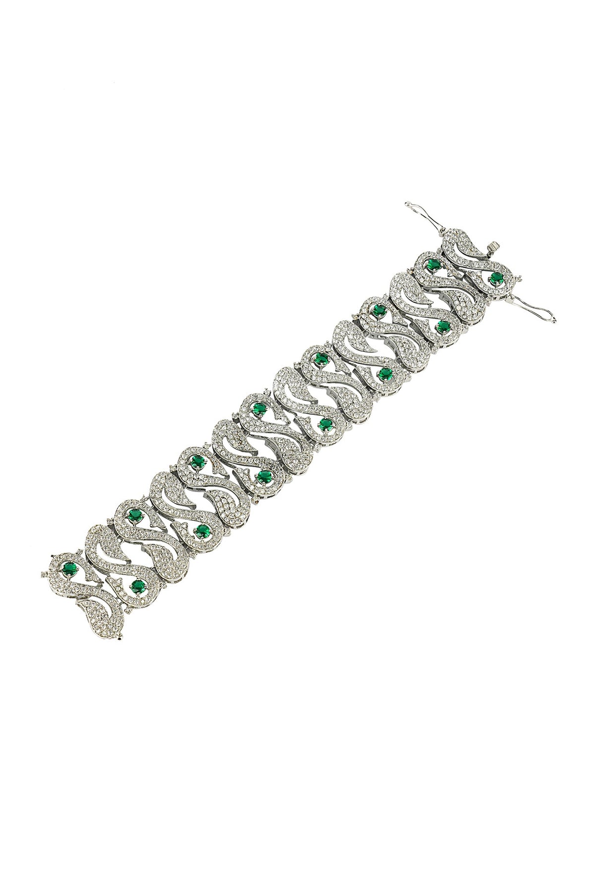 Silver Finish Bracelet With Green Stones