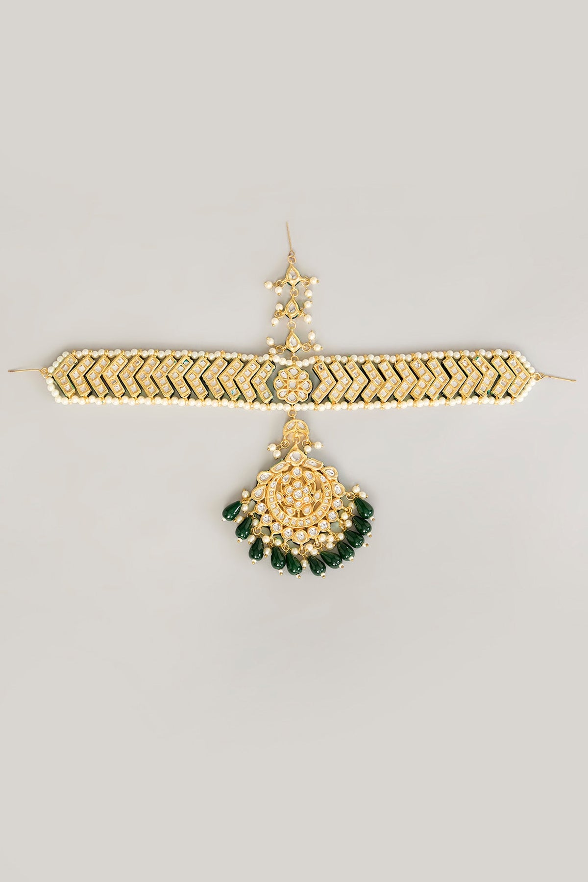 Gold Finish Kundan Stone & Green Beaded Mathapatti