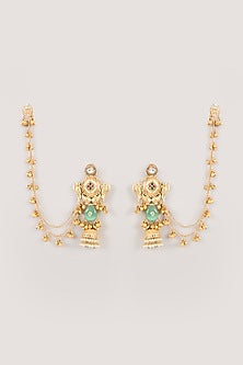 Gold Finish Kundan Polki & Green Stone Dangler Earrings
