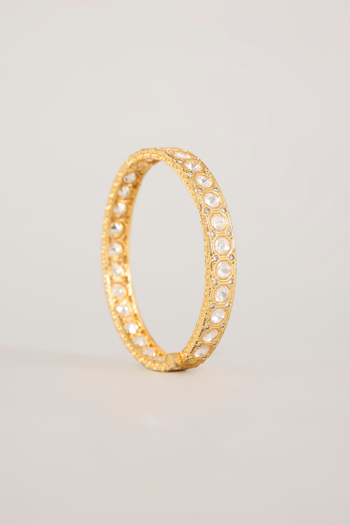 Gold Finish Kundan Polki & CZ Stone Bangles (Set Of 2)