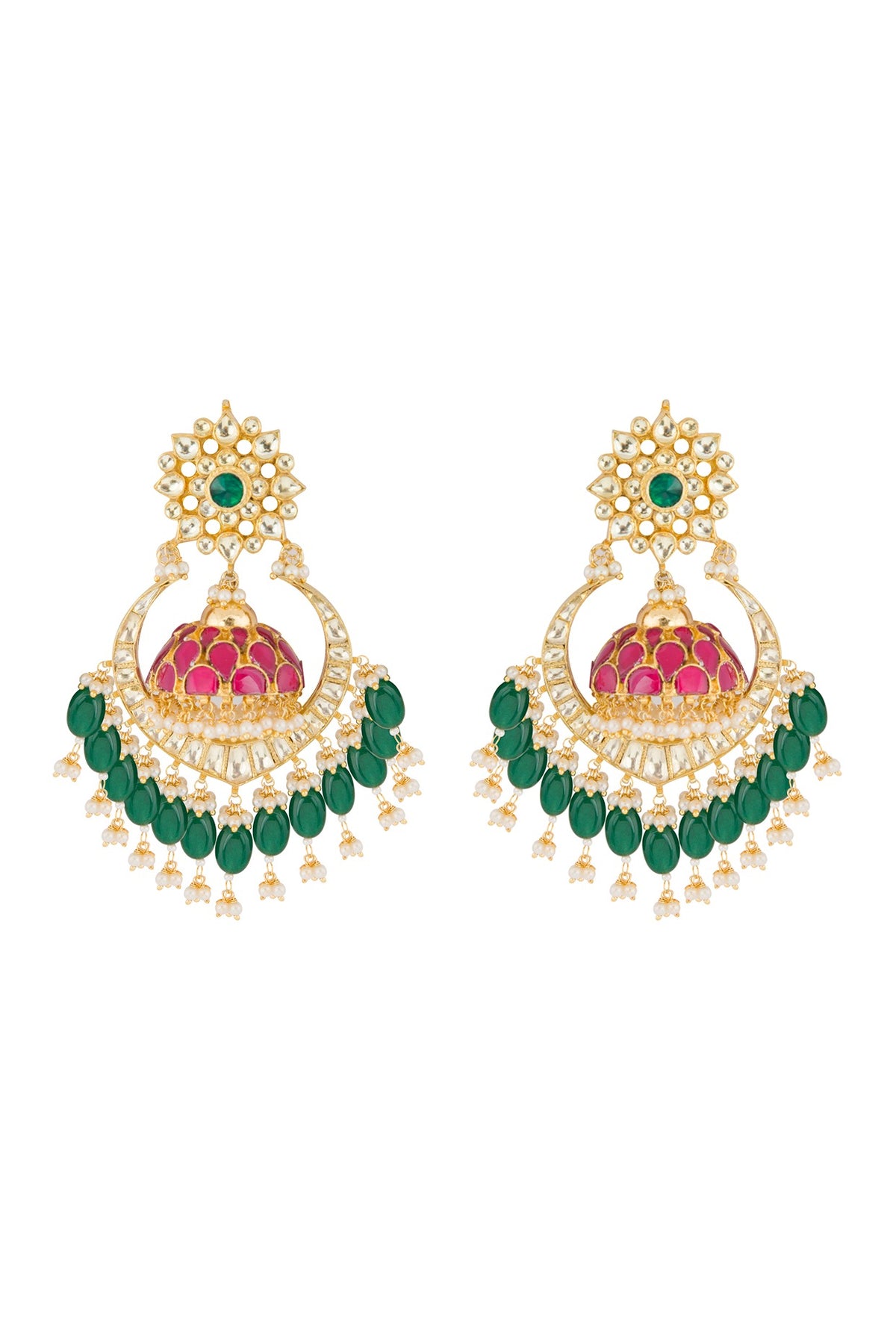 Gold Finish Red & Green Chandbali Earrings