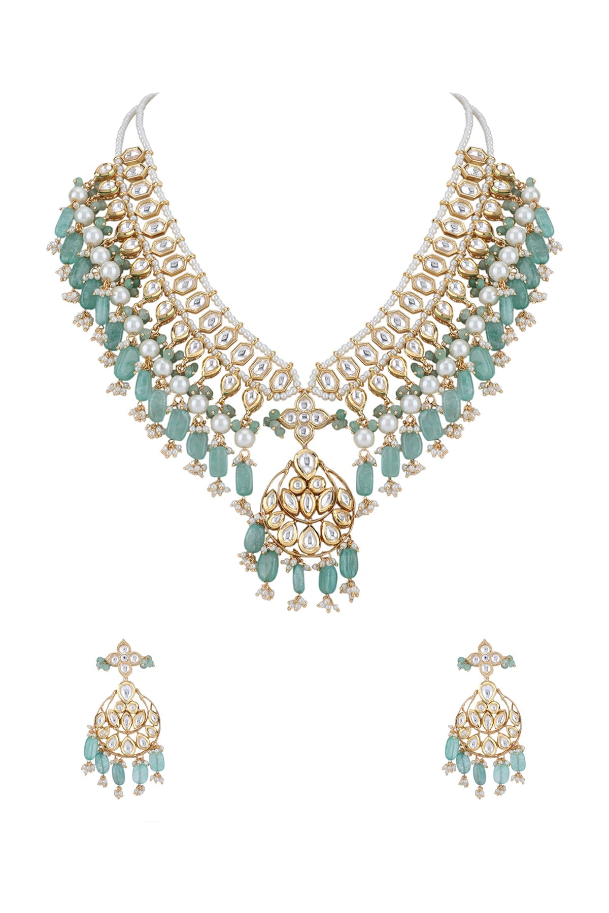 Gold Plated Kundan Polki & Blue Beaded Necklace Set