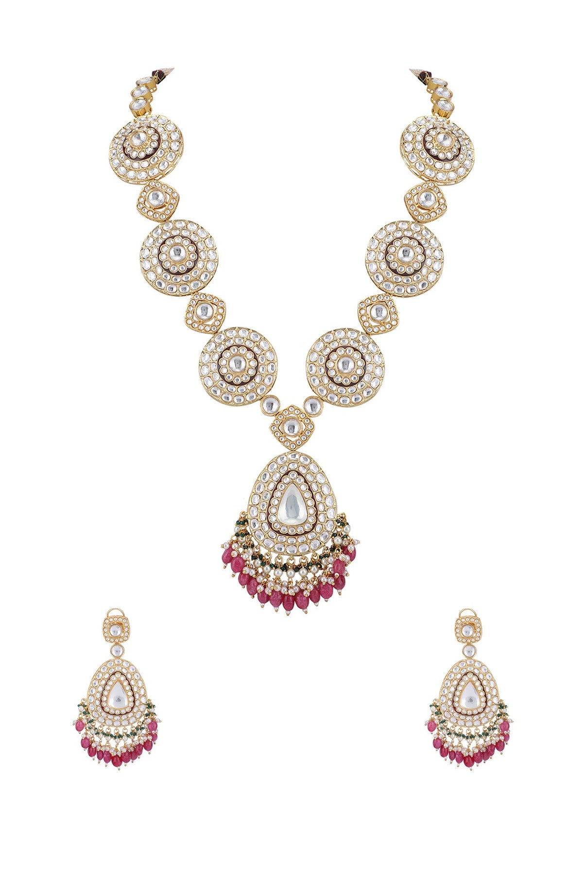 Gold Plated Kundan Polki & Red Beaded Necklace Set