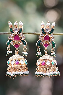 Gold Plated Red Kundan Polki & Pearl Jhumka Earrings