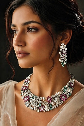 White Finish Zircon & Multi-Colored Stone Necklace Set