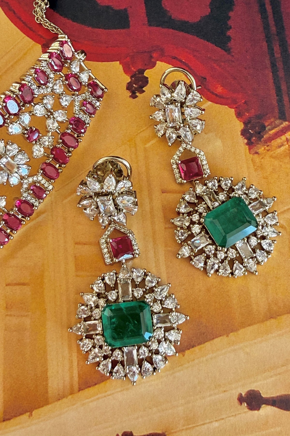 Gold Finish Ruby & Emerald Stone Necklace Set