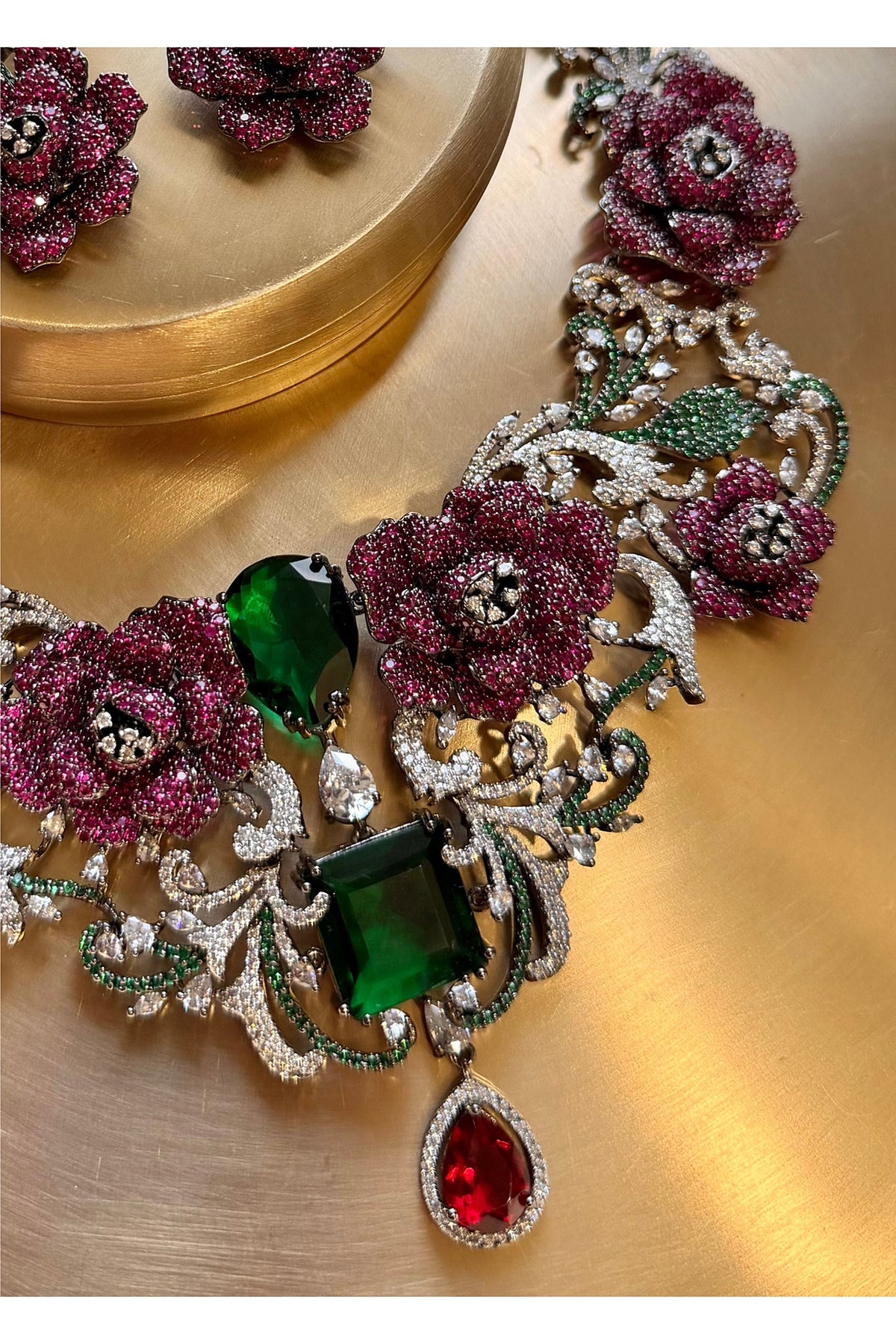 Gold Finish Zircon & Multi-Colored Stone Necklace Set