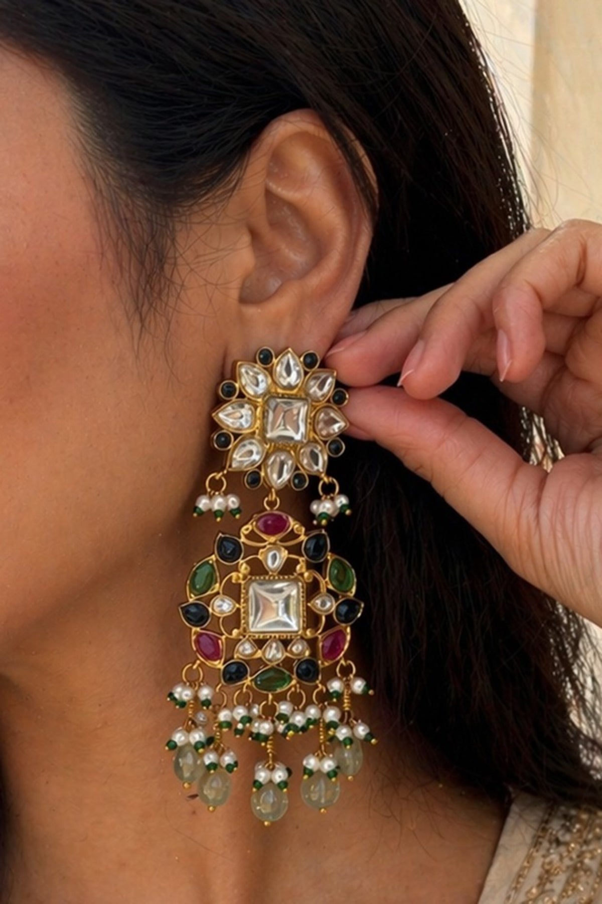 Gold Finish Multi-Colored Kundan Polki Dangler Earrings