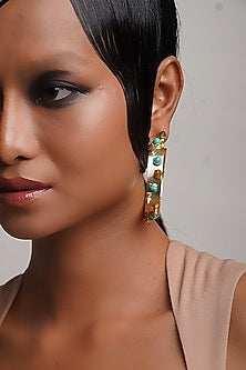 Gold Finish Stone Hoop Earrings
