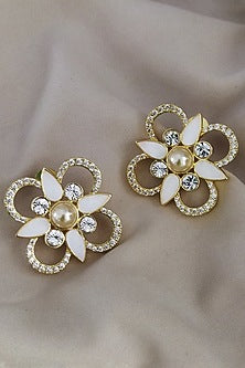 Gold Finish Swarovski Crystal & Pearl White Enameled Stud Earrings
