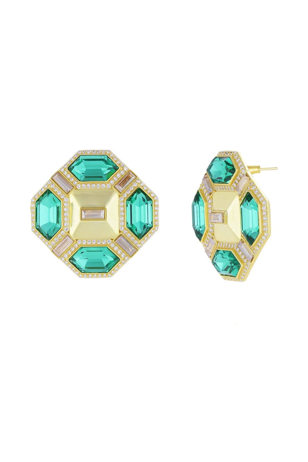 Gold Finish Baguette Crystals Stud Earrings