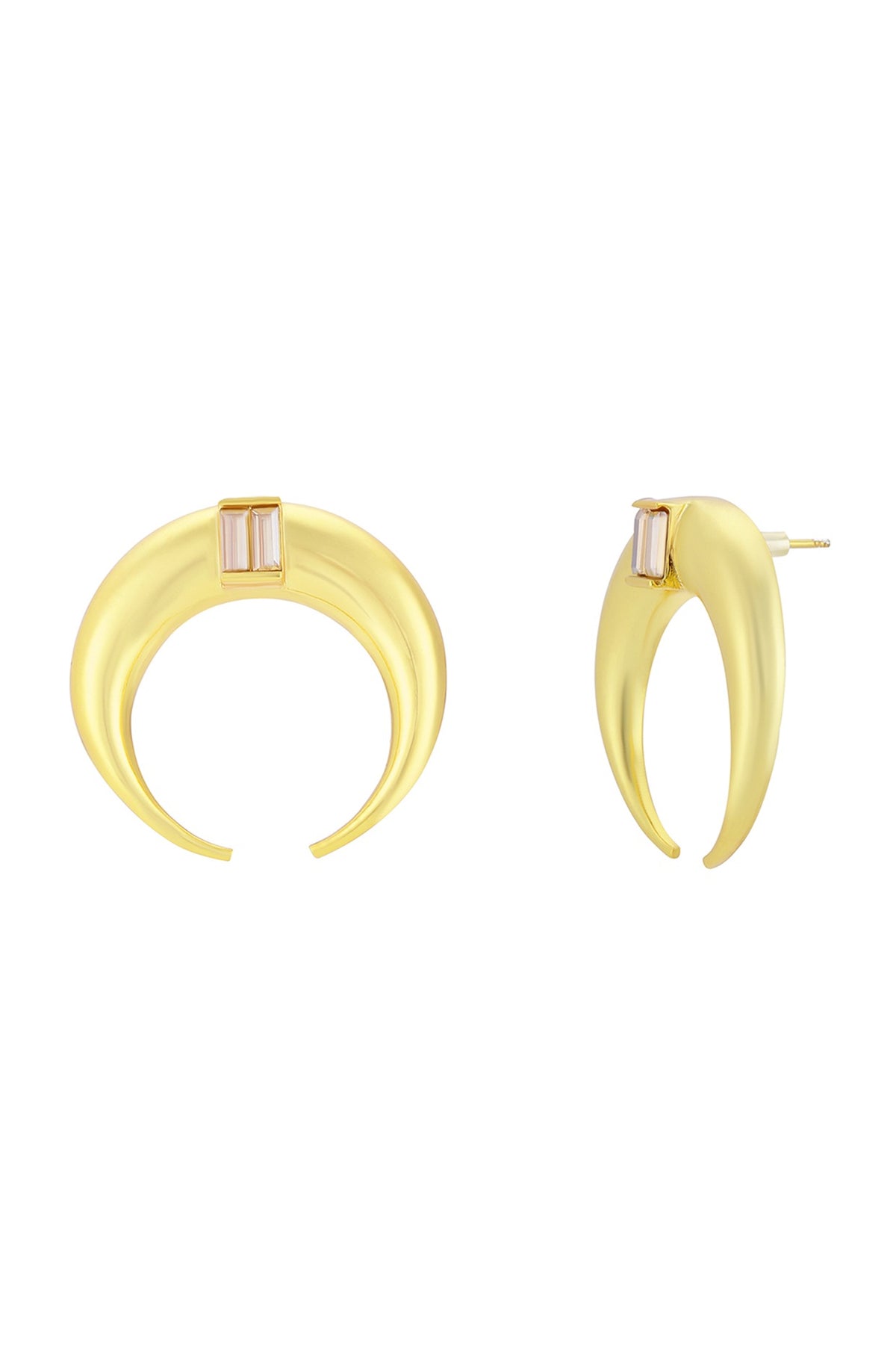 Gold Finish Baguette Crystal Moon Hoop Earrings