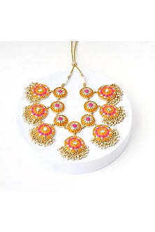 Matte Gold Finish Yellow & Pink Zari Silk Embroidered Layered Necklace