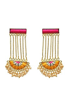Gold Finish Hand Embroidered Dangler Earrings