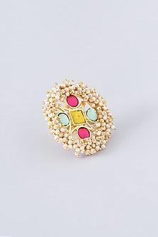 Matte Gold Finish Multi-Colored Thread Embroidered Ring