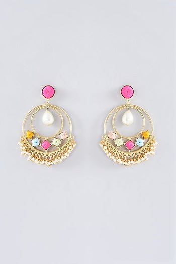 Matte Gold Finish Thread Embroidered Chandbali Earrings
