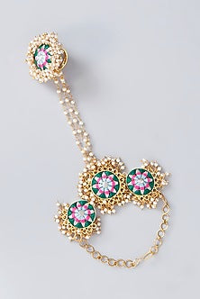 Matte Gold Finish Multi-Colored Thread Embroidered Geometric Hand Harness