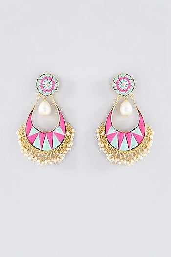Matte Gold Finish Pink Thread Embroidered Chandbali Earrings