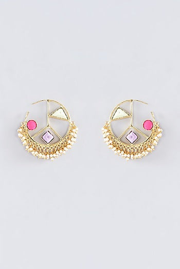 Matte Gold Finish Multi-Colored Thread Embroidered Hoop Earrings