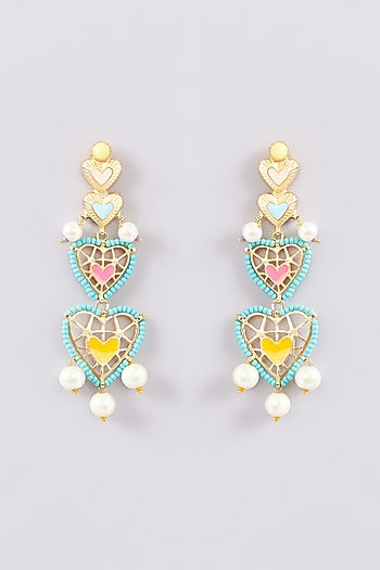 Gold Finish Multi-Colored Bead & Crystal Enameled Dangler Earrings