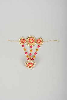 Matte Gold Finish Yellow & Hot Pink Embroidered Hand Harness