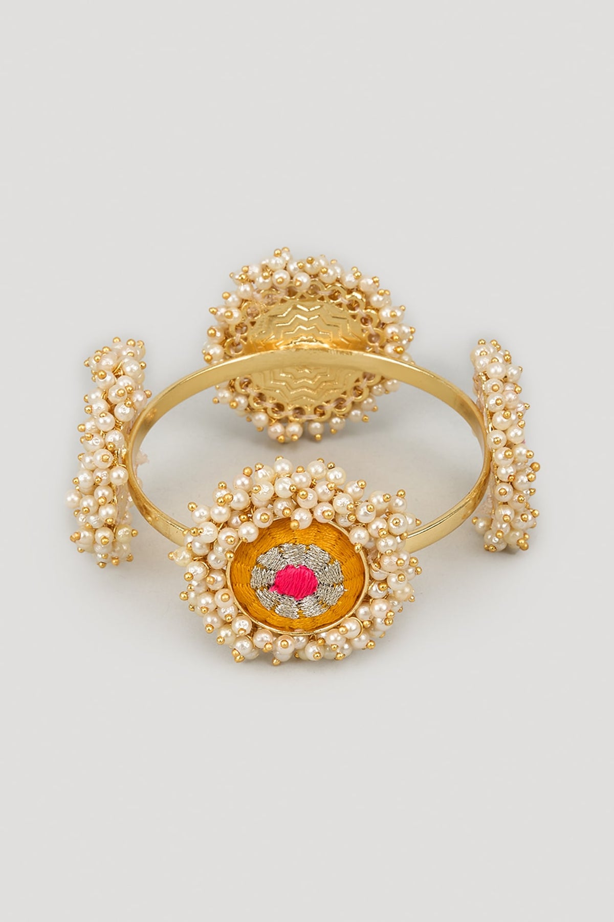 Matte Gold Finish Silk Thread Embroidered & Pearl Beaded Bangle
