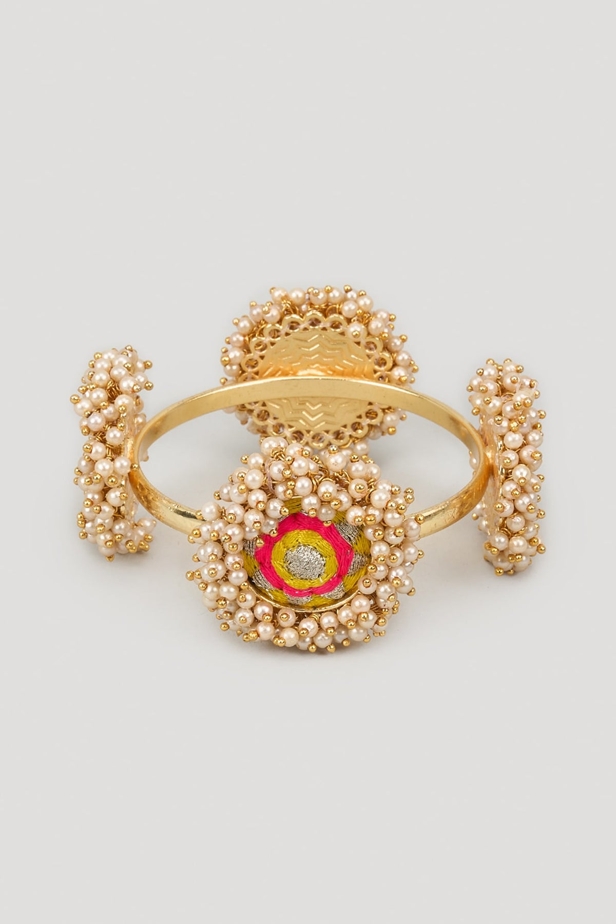 Matte Gold Finish Silk Thread Embroidered & Pearl Beaded Bangle