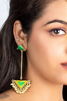 Gold Plated Lime Green & Yellow Silk Thread Embroidered Dangler Earrings
