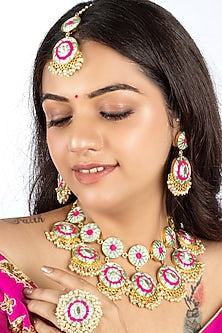 Gold Plated Mint Blue & Hot Pink Silk Thread Embroidered Choker Necklace Set